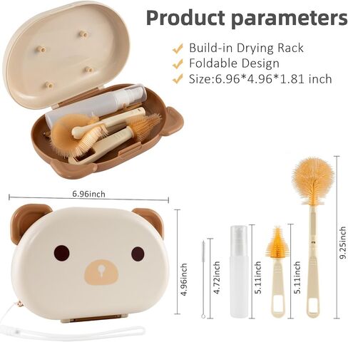 6 in1 Travel Bottle Cleaner kit,Baby Essentials,with 360° Cleaning Baby Bottle Brush, Nipple Brush, Straw Cleaner Brush, Soap Dispenser, Storage Box,Bottle Drying Rack for Home and Travel in Kuwait