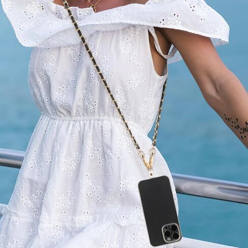 PU Leather Crossbody Phone Lanyard for Women, Metal Cell Phone Chain Strap Neck Phone Charm Hands Free Cellphone Neck Strap Grip Compatible With Most Smartphones in Saudi Arabia