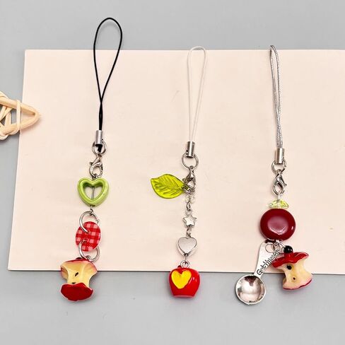 Cute Phone Charm Aesthetic Y2K Phone Charms Strap Red Strawberry Bear Star Cake Fork Spoon Heart Accessories for Phone Keychain Camera Purse Backpack Bag Pendants Décor (Scoop+ leaf+ button) in Kuwait