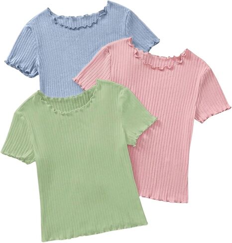 Milumia Girl's 3 Pack Solid Lettuce Trim Short Sleeve Round Neck Ribbed T-Shirts Tops in Saudi Arabia