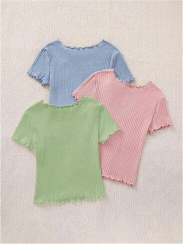 Milumia Girl's 3 Pack Solid Lettuce Trim Short Sleeve Round Neck Ribbed T-Shirts Tops in Saudi Arabia