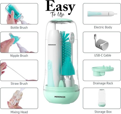 Electric Bottle Brush Cleaner, Rechargable Electric Baby Bottle Brush for Travel, Silicone Waterproof Electric Bottle Cleaner Set with Nipple & Straw Brush, for Mom After Birth in Saudi Arabia