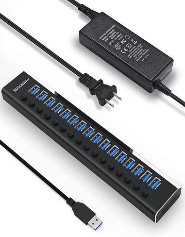موزع USB يعمل بالطاقة Rosonway Aluminium 13 منفذ USB 3.1/3.2 Gen 2 Hub 10 جيجابت في الثانية مع محول طاقة 72 وات (12 فولت/6 أمبير) ومفاتيح فردية، كابلات من النوع A ونوع C، وموسع محور USB C للكمبيوتر الشخصي والكمبيوتر المحمول، RSH-A13 in Kuwait
