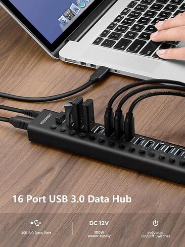 موزع USB يعمل بالطاقة Rosonway Aluminium 13 منفذ USB 3.1/3.2 Gen 2 Hub 10 جيجابت في الثانية مع محول طاقة 72 وات (12 فولت/6 أمبير) ومفاتيح فردية، كابلات من النوع A ونوع C، وموسع محور USB C للكمبيوتر الشخصي والكمبيوتر المحمول، RSH-A13 in Kuwait