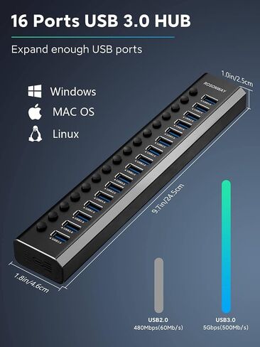 موزع USB يعمل بالطاقة Rosonway Aluminium 13 منفذ USB 3.1/3.2 Gen 2 Hub 10 جيجابت في الثانية مع محول طاقة 72 وات (12 فولت/6 أمبير) ومفاتيح فردية، كابلات من النوع A ونوع C، وموسع محور USB C للكمبيوتر الشخصي والكمبيوتر المحمول، RSH-A13 in Kuwait