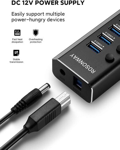 موزع USB يعمل بالطاقة Rosonway Aluminium 13 منفذ USB 3.1/3.2 Gen 2 Hub 10 جيجابت في الثانية مع محول طاقة 72 وات (12 فولت/6 أمبير) ومفاتيح فردية، كابلات من النوع A ونوع C، وموسع محور USB C للكمبيوتر الشخصي والكمبيوتر المحمول، RSH-A13 in Kuwait