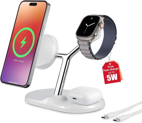 3-in-1 Wireless Charging Station for Apple Devices - Fast Charging Station for iPhone and Watch with MagSafe, Stable Charger Stand for iPhone 12-15 & iPhone 16 & iWatch & AirPods, Adapter Not Included in Saudi Arabia