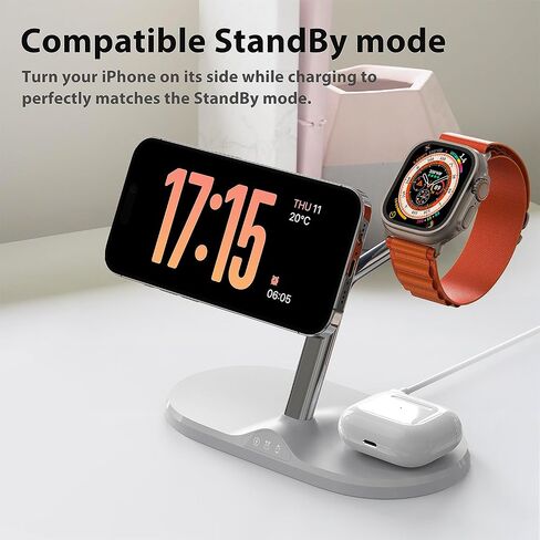 3-in-1 Wireless Charging Station for Apple Devices - Fast Charging Station for iPhone and Watch with MagSafe, Stable Charger Stand for iPhone 12-15 & iPhone 16 & iWatch & AirPods, Adapter Not Included in Saudi Arabia