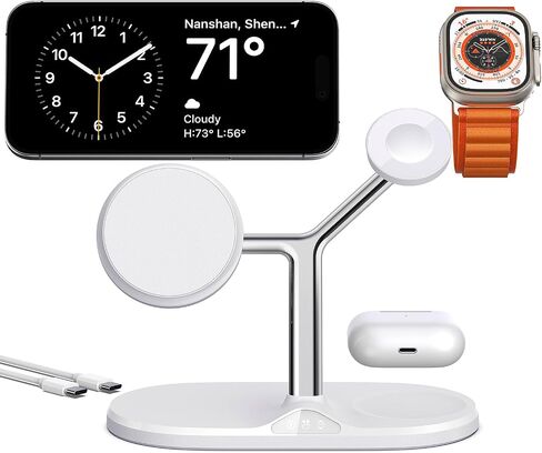 3-in-1 Wireless Charging Station for Apple Devices - Fast Charging Station for iPhone and Watch with MagSafe, Stable Charger Stand for iPhone 12-15 & iPhone 16 & iWatch & AirPods, Adapter Not Included in Saudi Arabia