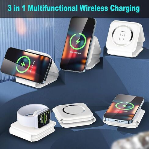 شاحن لاسلكي مغناطيسي 3 في 1 قابل للطي Qi 20W محطة شحن سريعة من السيليكون الناعم متوافق مع iPhone 15 14 13 12 11 Pro Max XR XS، Apple Watch 8 7 6 5 4 3 2 SE، AirPods Pro 3 2 in Saudi Arabia
