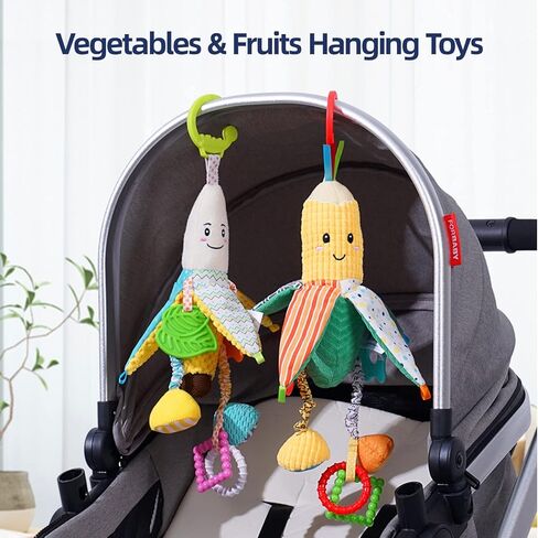Jollybaby Hanging Rattle Toys for Parm & Stroller, Vegetables Plush Crib Bed Travel Activity Ring Bell with Crinkle, Squeaky & Teether for Infant Newborn Baby Boys Girls 0 3 6 9 12 Months(Corn) in Kuwait