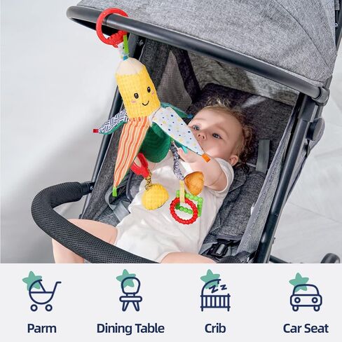 Jollybaby Hanging Rattle Toys for Parm & Stroller, Vegetables Plush Crib Bed Travel Activity Ring Bell with Crinkle, Squeaky & Teether for Infant Newborn Baby Boys Girls 0 3 6 9 12 Months(Corn) in Kuwait