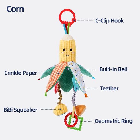 Jollybaby Hanging Rattle Toys for Parm & Stroller, Vegetables Plush Crib Bed Travel Activity Ring Bell with Crinkle, Squeaky & Teether for Infant Newborn Baby Boys Girls 0 3 6 9 12 Months(Corn) in Kuwait