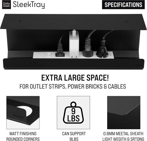 SleekTray Under Desk Cable Management Tray No Drill Wire Organizer for Standing Desk Large Sturdy Black Steel Rack, Raceway for Cords/Power Strip/Power Bricks | 1-Pack in Saudi Arabia