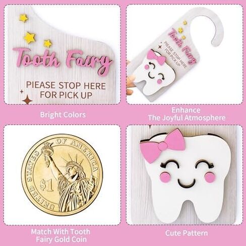 Wooden Tooth Fairy Door Hanger Tooth Fairy Box Tooth Fairy Under Pillow Pouch for Lost Teeth Kids Girl Milk Teeth Encourage Gift, pink in Saudi Arabia