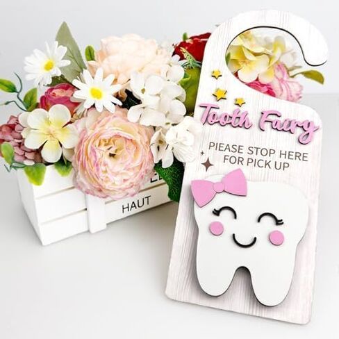 Wooden Tooth Fairy Door Hanger Tooth Fairy Box Tooth Fairy Under Pillow Pouch for Lost Teeth Kids Girl Milk Teeth Encourage Gift, pink in Saudi Arabia