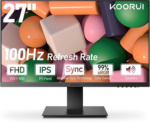 شاشات كمبيوتر KOORUI مقاس 27 بوصة عالية الدقة بالكامل (1080 بكسل) 100 هرتز IPS مع منفذ HDMI وVGA sRGB بنسبة 99%، وVESA، ومكبر صوت مدمج بدون إطار مجانًا (N02) in Kuwait