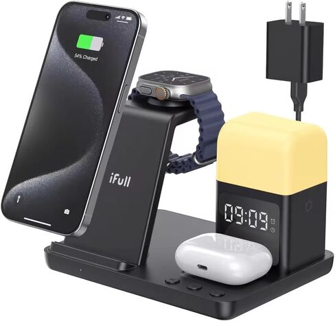 قاعدة شحن لاسلكية 6 في 1، هدايا للرجال والأب والزوج، حامل شاحن لاسلكي مع ساعة منبه، ضوء ليلي، قاعدة شحن لهاتف iPhone15/14/13/12/11/Pro/Max/XR (أسود) in Kuwait