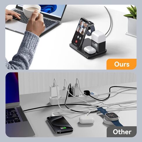 قاعدة شحن لاسلكية 6 في 1، هدايا للرجال والأب والزوج، حامل شاحن لاسلكي مع ساعة منبه، ضوء ليلي، قاعدة شحن لهاتف iPhone15/14/13/12/11/Pro/Max/XR (أسود) in Kuwait