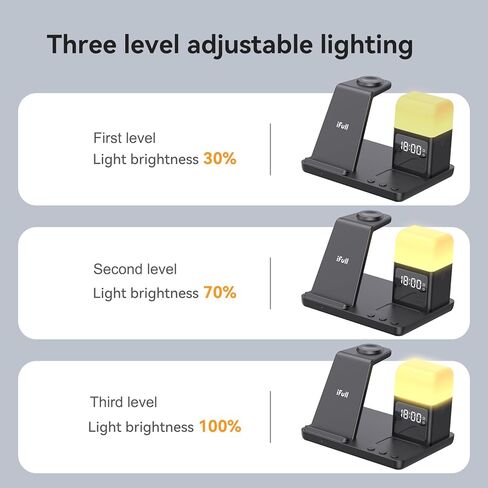 قاعدة شحن لاسلكية 6 في 1، هدايا للرجال والأب والزوج، حامل شاحن لاسلكي مع ساعة منبه، ضوء ليلي، قاعدة شحن لهاتف iPhone15/14/13/12/11/Pro/Max/XR (أسود) in Kuwait