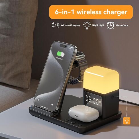 قاعدة شحن لاسلكية 6 في 1، هدايا للرجال والأب والزوج، حامل شاحن لاسلكي مع ساعة منبه، ضوء ليلي، قاعدة شحن لهاتف iPhone15/14/13/12/11/Pro/Max/XR (أسود) in Kuwait