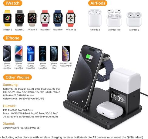قاعدة شحن لاسلكية 6 في 1، هدايا للرجال والأب والزوج، حامل شاحن لاسلكي مع ساعة منبه، ضوء ليلي، قاعدة شحن لهاتف iPhone15/14/13/12/11/Pro/Max/XR (أسود) in Kuwait