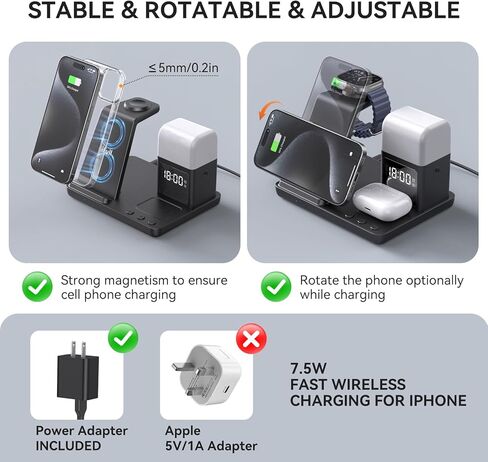 قاعدة شحن لاسلكية 6 في 1، هدايا للرجال والأب والزوج، حامل شاحن لاسلكي مع ساعة منبه، ضوء ليلي، قاعدة شحن لهاتف iPhone15/14/13/12/11/Pro/Max/XR (أسود) in Kuwait
