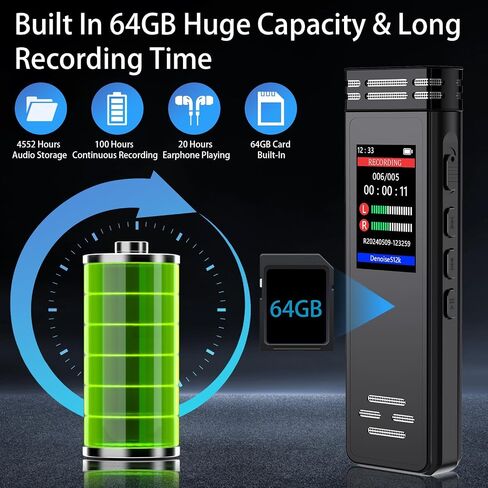 64GB Digital Voice Activated Recorder for Lectures Meetings, 4608 Hours Audio Recording Device with Playback & Port USB C, Dual MIC Tape Recorder Device for Lecture A-B Repeat, MP3 Player, Password in Saudi Arabia
