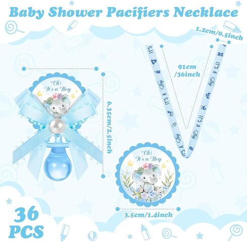 36 Pcs Baby Shower Pacifiers Necklace Girls Boys Elephant Acrylic Gender Reveal Baby Pacifiers for Baby Shower with Tags Decoration for Guests Gender Reveal Party Favors(Blue, Boy) in Kuwait