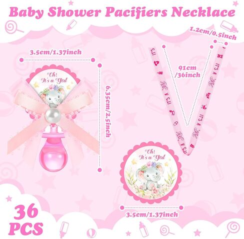 36 Pcs Baby Shower Pacifiers Necklace Girls Boys Elephant Acrylic Gender Reveal Baby Pacifiers for Baby Shower with Tags Decoration for Guests Gender Reveal Party Favors(Blue, Boy) in Kuwait