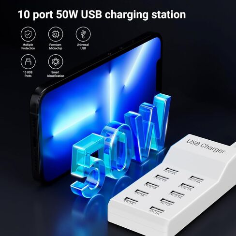 USB Charging Station, 50W10A 10-Port USB Charger Block, Multi USB Charging Station,USB Power Strip iPhone/iPad/Samsung Galaxy Note Tablet Android Smartphone Multi-Function Device,Charging(BIack) in Saudi Arabia