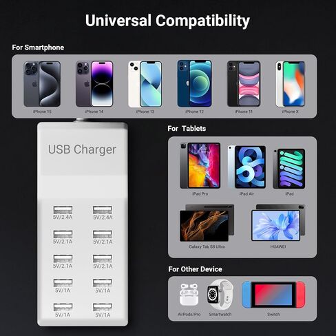 USB Charging Station, 50W10A 10-Port USB Charger Block, Multi USB Charging Station,USB Power Strip iPhone/iPad/Samsung Galaxy Note Tablet Android Smartphone Multi-Function Device,Charging(BIack) in Saudi Arabia