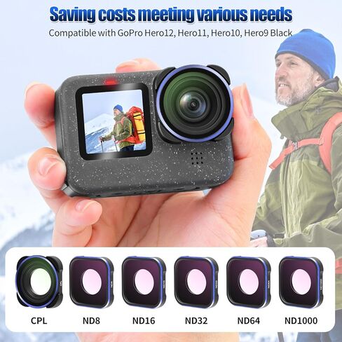 مجموعة مرشح FPVERA ND لـ GoPro Hero 12 11 10 9 أسود، 6 عبوات CPL ND8، ND16، ND32، ND64، ND1000 مجموعة مرشح عدسات الكاميرا المستقطبة مع إطار من سبائك الألومنيوم وزجاج بصري HD AGC مطلي بـ 18 طبقة in Kuwait