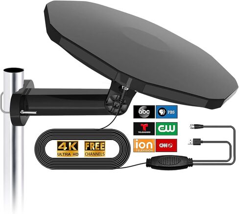 Outdoor TV Antenna 360° omnidirectional Reception Over 100 Miles Range Enhanced VHF and UHF 4K HD Digital TV Antenna, 32 feet RG6 coaxial Cable (Outdoor TV Antenna Black) in Kuwait