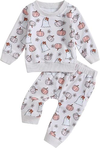 Dcohmch Baby Girl Halloween Outfit Long Sleeve Pumpkin Floral Sweatshirt Pants Set Newborn Infant Baby Fall Clothes in Kuwait