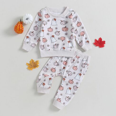 Dcohmch Baby Girl Halloween Outfit Long Sleeve Pumpkin Floral Sweatshirt Pants Set Newborn Infant Baby Fall Clothes in Kuwait