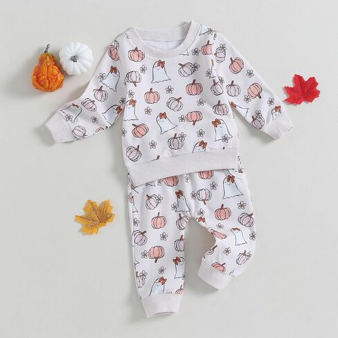 Dcohmch Baby Girl Halloween Outfit Long Sleeve Pumpkin Floral Sweatshirt Pants Set Newborn Infant Baby Fall Clothes in Kuwait