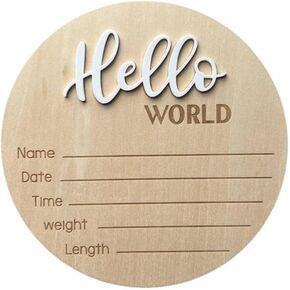 Baby Announcement Sign for Newborn Boys and Girls, 5.9 Inch Wooden Hello World Newborn Sign Birth Announcement Signs, Hello World Nursery Decor Sign & Photo Prop for Babies, White