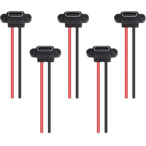 5PCS Type-C Female Chassis 2 Pin Type-C Female Socket Connector Waterproof Jack Female Charging Port 3A USB-C Charger Plug Socket, Flat Black