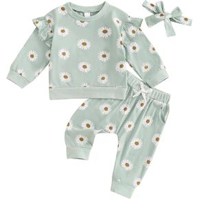 Toddler Baby Girl Clothes Daisy Ruffle Sweatshirt Pullover Top Pants Headband Fall Outfits 6 12 18 24 Months