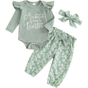 Newborn Baby Girl Outfits Infant Auntie Letter Ribbed Knit Romper Floral Pant With Headband Cute Baby Fall Clothes