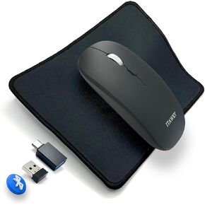 Wireless Mouse and Pad Combo, Dual Mode Bluetooth 5.2 and USB Receiver 2.4G, Rechargeable, Quiet Clicks, Compact, 1600 DPI High Precision Steel Scroll Wheel for PC Laptop Tablet - Black