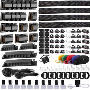 ELII 327 PCS Cable Management Kit 4 Cable Cable Sleeves,65 Cable Clips with 13Cord Holders,20+5Roll Cable Organizer Straps,200 Fastening Cable Ties,20 Cable Zip Tie Mounts for Computer (Black)