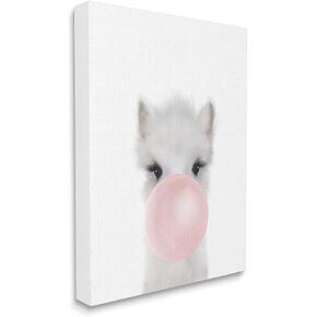 Stupell Industries Baby Woodland Alpaca مع علكة فقاعية وردية، تصميم بواسطة Leah Straatsma لوحة فنية جدارية من القماش، مقاس 16 × 20، أبيض