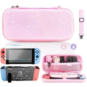 Pink Glitter Carrying Case for Nintendo Switch(Not OLED or Lite) Accessories Kit for Girls with Hard Protective Cover, Glass Screen Ptotector, Adjustable Shoulder Strap and 2 Thumb Grip Caps