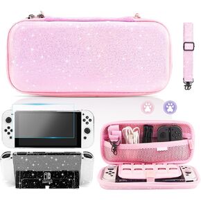 Pink Glitter Carrying Case for Nintendo Switch(Not OLED or Lite) Accessories Kit for Girls with Hard Protective Cover, Glass Screen Ptotector, Adjustable Shoulder Strap and 2 Thumb Grip Caps