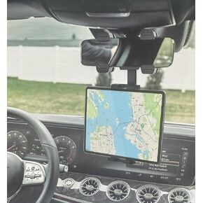 Tablet Holder for Car Rearview Mirror - Upgraded Wider Clip [Large Mirrors Friendly] Rear View Mirror Tablet Car Mount, 360° Rotatable and Retractable, for iPad Pro 12.9 Air Mini, Galaxy, 4-13" Device