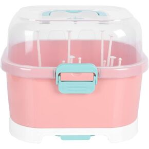 Baby Bottle Drying Racks with Cover Plastic Bottle Storage Box Baby Dinnerware Cutlery Utensil Tableware Organizer for Kitchen Countertop Pink