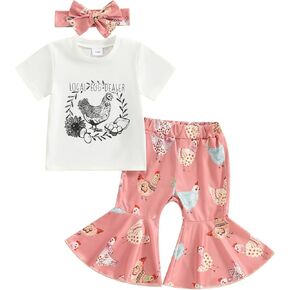 Gueuusu Toddler Baby Girl Farm Outfit Local Egg Dealer Chicken T Shirt Chick Bell Bottom Pants Headband Set Farm Baby Clothes