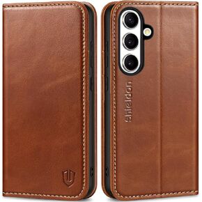 SHIELDON Case for Galaxy S24+ Plus 5G, Genuine Leather Folio Wallet Magnetic Kickstand RFID Blocking Card Slots Shockproof Full Protection Cover Compatible with Galaxy S24+ 6.7" 2024 - Retro Black